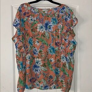 Coral color and  Floral Blouse with Blue and Green Accents